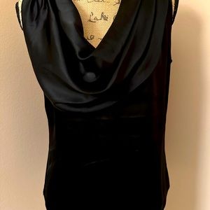 Black dutchess satin St John cowl neck sleeveless blouse with zipper back.